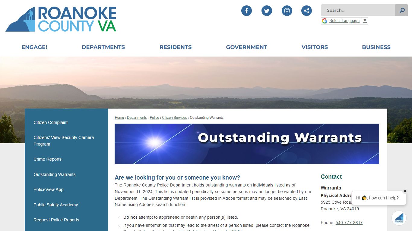 Outstanding Warrants | Roanoke County, VA - Official Website